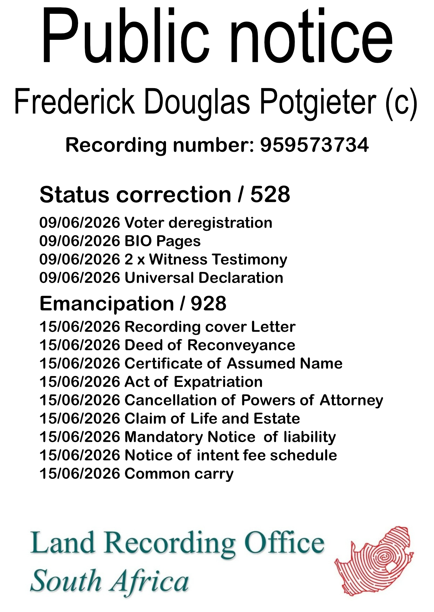 Public notice Frederick Douglas Potgieter (c) Recording number 959573734